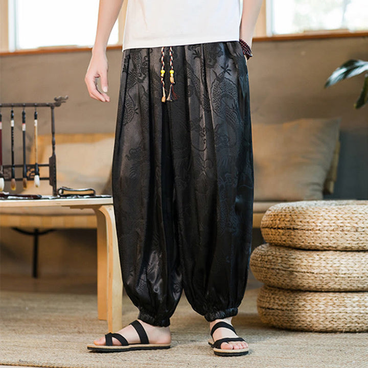 Lockere Haremshose für Herren mit Buddha-Steinen und Drachenmuster und Taschen - image 2