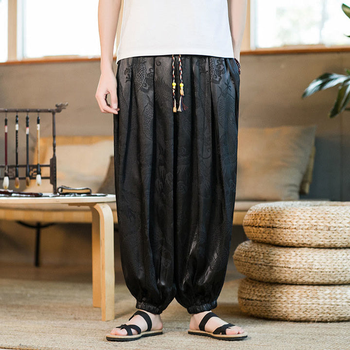 Lockere Haremshose für Herren mit Buddha-Steinen und Drachenmuster und Taschen - image 3