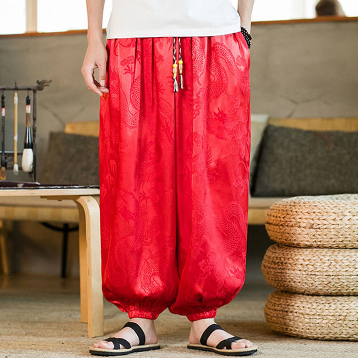 Lockere Haremshose für Herren mit Buddha-Steinen und Drachenmuster und Taschen - image 19