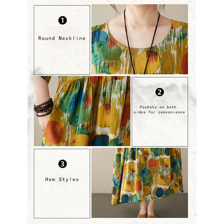 Buddha Stones Orange Grün Bunte Polka Dots Midikleid Baumwolle Halbarm Tunika Kleid mit Taschen - image 18