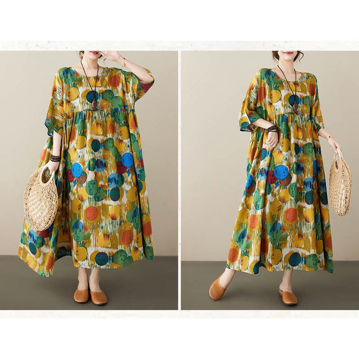 Buddha Stones Orange Grün Bunte Polka Dots Midikleid Baumwolle Halbarm Tunika Kleid mit Taschen - image 16