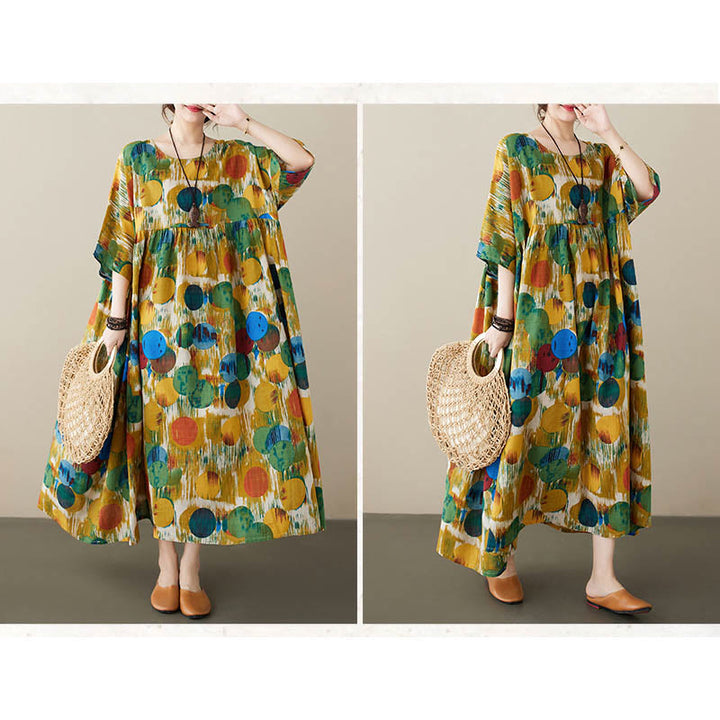 Buddha Stones Orange Grün Bunte Polka Dots Midikleid Baumwolle Halbarm Tunika Kleid mit Taschen - image 17