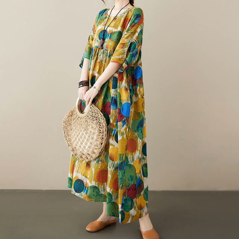 Buddha Stones Orange Grün Bunte Polka Dots Midikleid Baumwolle Halbarm Tunika Kleid mit Taschen - Grün (nur Kleid) - F (Brustumfang 142 cm / Saumweite 130 cm / Länge 120 cm) - image 11