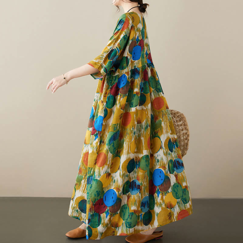 Buddha Stones Orange Grün Bunte Polka Dots Midikleid Baumwolle Halbarm Tunika Kleid mit Taschen - image 12