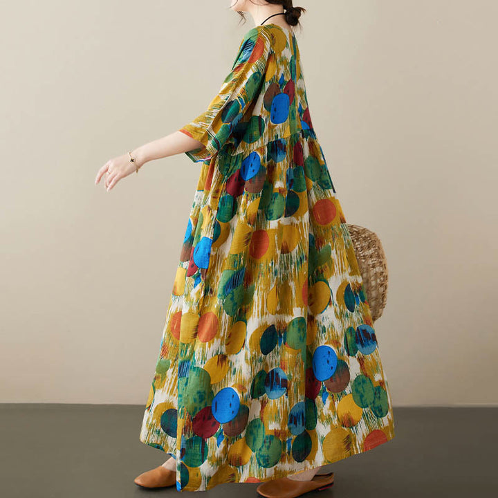 Buddha Stones Orange Grün Bunte Polka Dots Midikleid Baumwolle Halbarm Tunika Kleid mit Taschen - image 12
