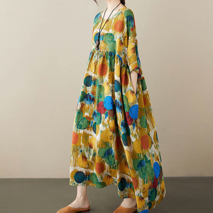 Buddha Stones Orange Grün Bunte Polka Dots Midikleid Baumwolle Halbarm Tunika Kleid mit Taschen - image 13