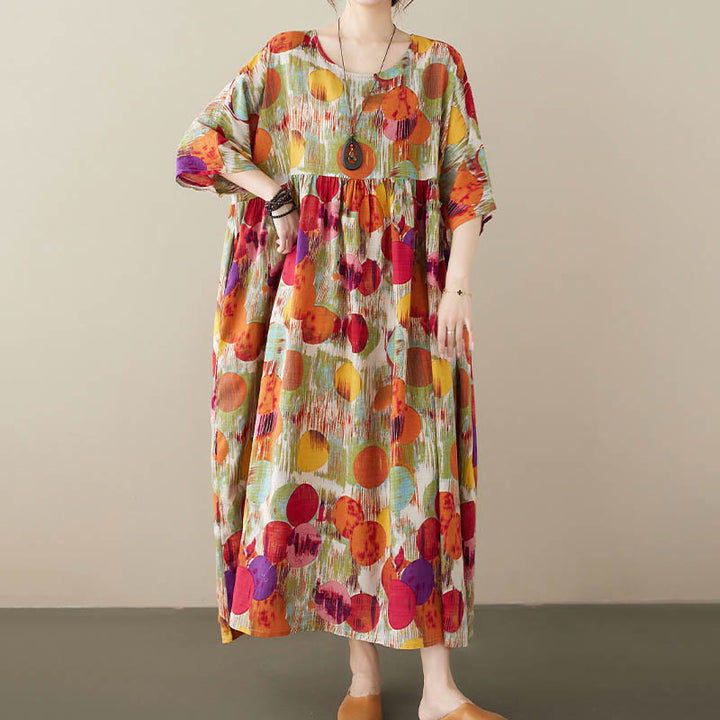 Buddha Stones Orange Grün Bunte Polka Dots Midikleid Baumwolle Halbarm Tunika Kleid mit Taschen - image 2