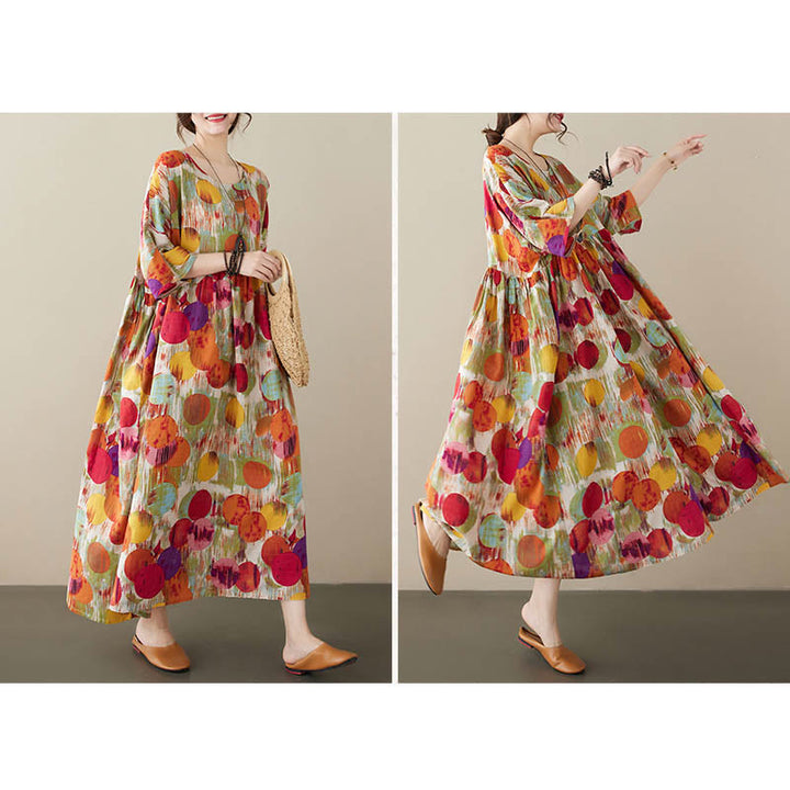 Buddha Stones Orange Grün Bunte Polka Dots Midikleid Baumwolle Halbarm Tunika Kleid mit Taschen - image 9