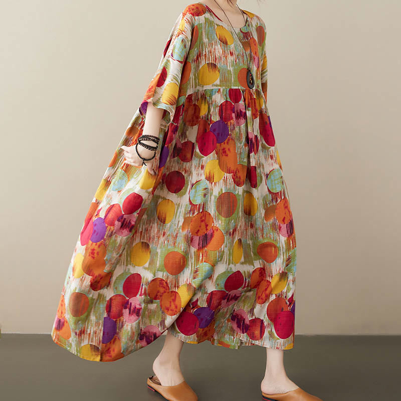 Buddha Stones Orange Grün Bunte Polka Dots Midikleid Baumwolle Halbarm Tunika Kleid mit Taschen - image 4