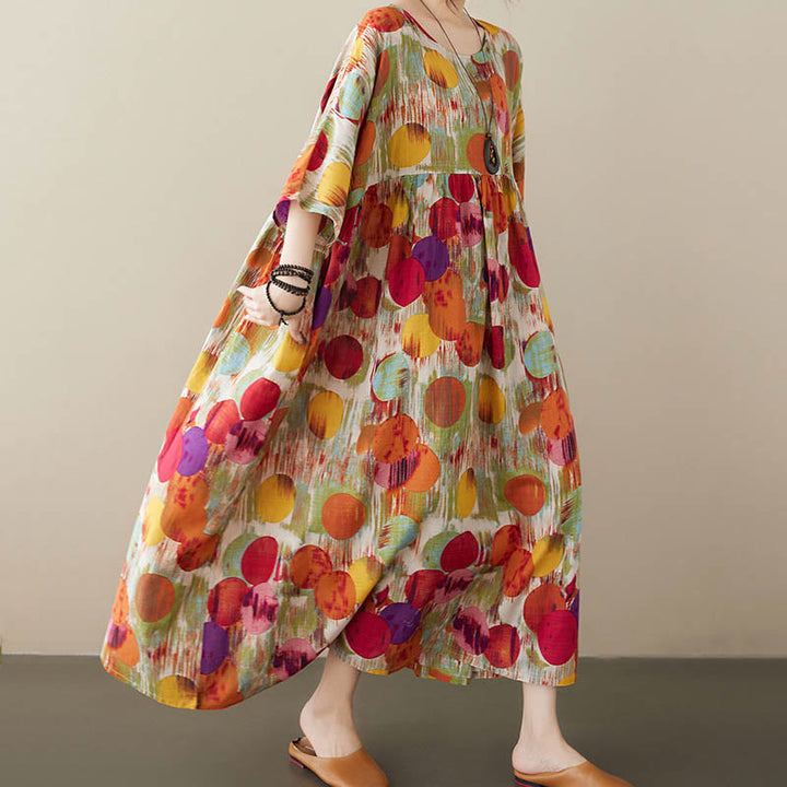 Buddha Stones Orange Grün Bunte Polka Dots Midikleid Baumwolle Halbarm Tunika Kleid mit Taschen - image 4