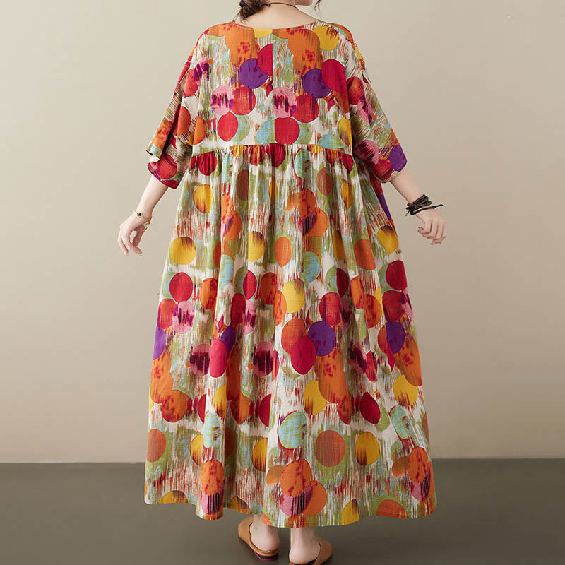 Buddha Stones Orange Grün Bunte Polka Dots Midikleid Baumwolle Halbarm Tunika Kleid mit Taschen - image 7