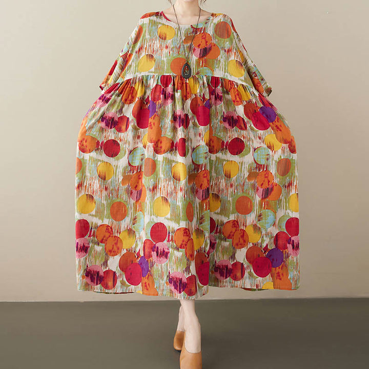 Buddha Stones Orange Grün Bunte Polka Dots Midikleid Baumwolle Halbarm Tunika Kleid mit Taschen - image 5