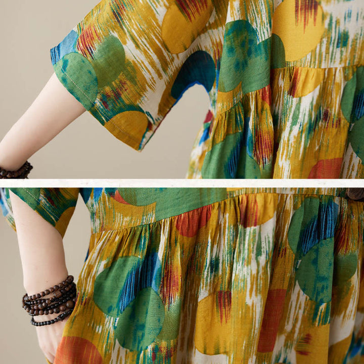 Buddha Stones Orange Grün Bunte Polka Dots Midikleid Baumwolle Halbarm Tunika Kleid mit Taschen - image 20