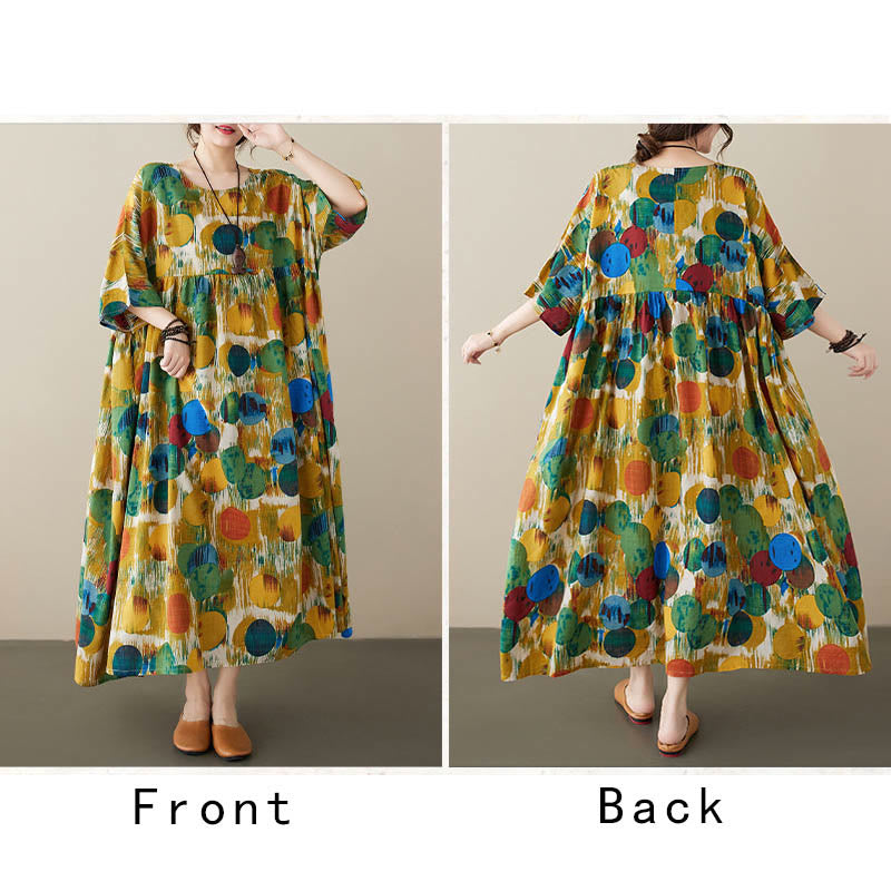 Buddha Stones Orange Grün Bunte Polka Dots Midikleid Baumwolle Halbarm Tunika Kleid mit Taschen - image 15