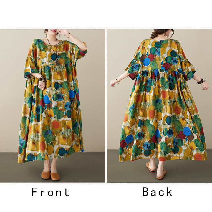 Buddha Stones Orange Grün Bunte Polka Dots Midikleid Baumwolle Halbarm Tunika Kleid mit Taschen - image 15