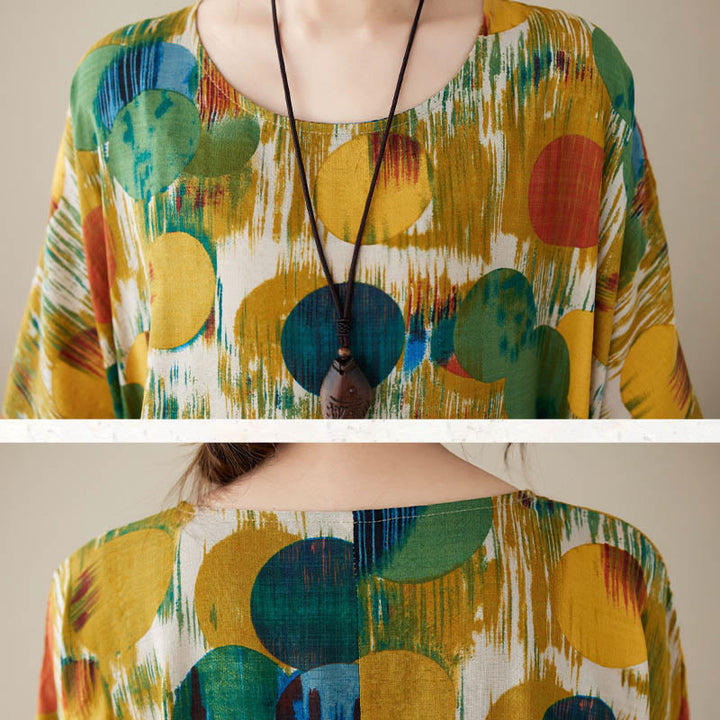 Buddha Stones Orange Grün Bunte Polka Dots Midikleid Baumwolle Halbarm Tunika Kleid mit Taschen - image 19