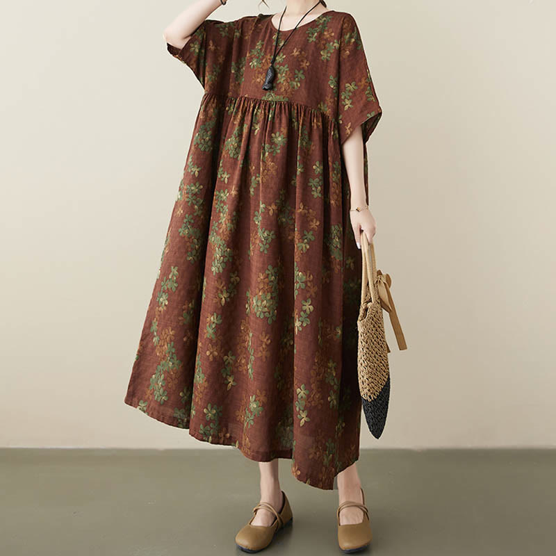 Buddha Stones Blau-Braune Blumen Midikleid aus Baumwolle, Halbarm-Tunikakleid mit Taschen - image 13