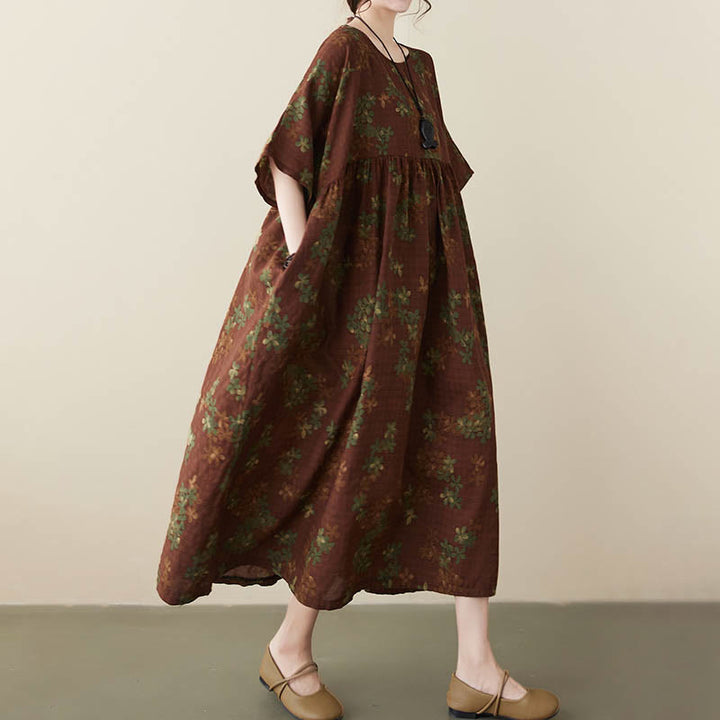 Buddha Stones Blau-Braune Blumen Midikleid aus Baumwolle, Halbarm-Tunikakleid mit Taschen - image 12