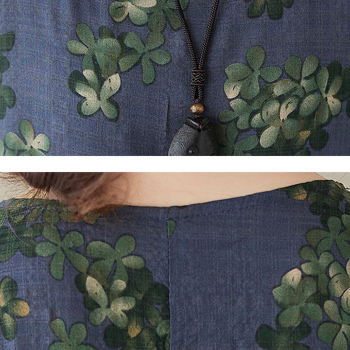 Buddha Stones Blau-Braune Blumen Midikleid aus Baumwolle, Halbarm-Tunikakleid mit Taschen - image 7