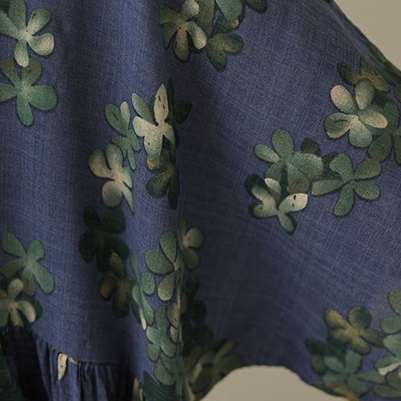 Buddha Stones Blau-Braune Blumen Midikleid aus Baumwolle, Halbarm-Tunikakleid mit Taschen - image 8