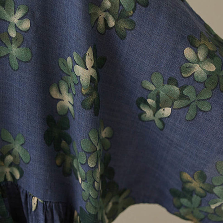 Buddha Stones Blau-Braune Blumen Midikleid aus Baumwolle, Halbarm-Tunikakleid mit Taschen - image 8
