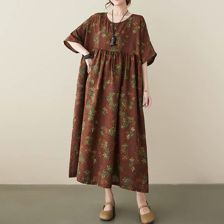 Buddha Stones Blau-Braune Blumen Midikleid aus Baumwolle, Halbarm-Tunikakleid mit Taschen - Braun (nur Kleid) - F (Brustumfang 142 cm / Saumweite 266 cm / Länge 120 cm) - image 11