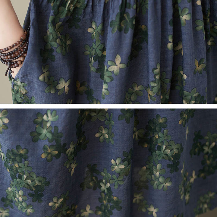 Buddha Stones Blau-Braune Blumen Midikleid aus Baumwolle, Halbarm-Tunikakleid mit Taschen - image 9
