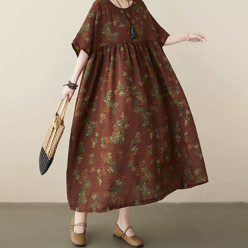 Buddha Stones Blau-Braune Blumen Midikleid aus Baumwolle, Halbarm-Tunikakleid mit Taschen - image 14