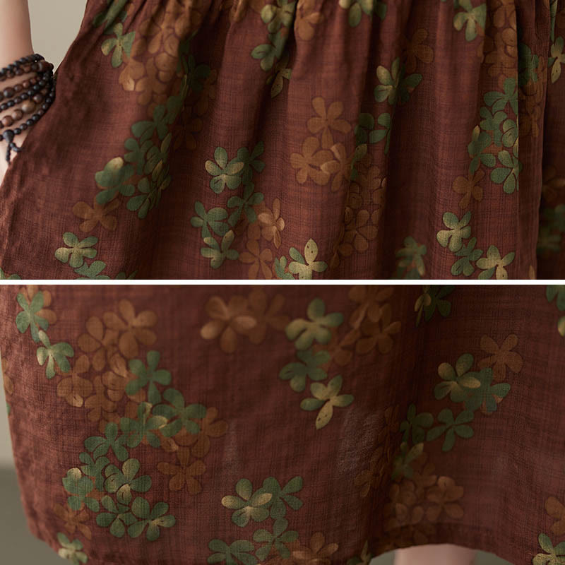 Buddha Stones Blau-Braune Blumen Midikleid aus Baumwolle, Halbarm-Tunikakleid mit Taschen - image 17