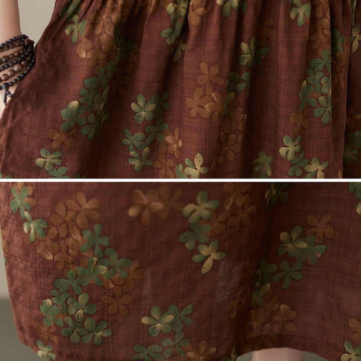Buddha Stones Blau-Braune Blumen Midikleid aus Baumwolle, Halbarm-Tunikakleid mit Taschen - image 17