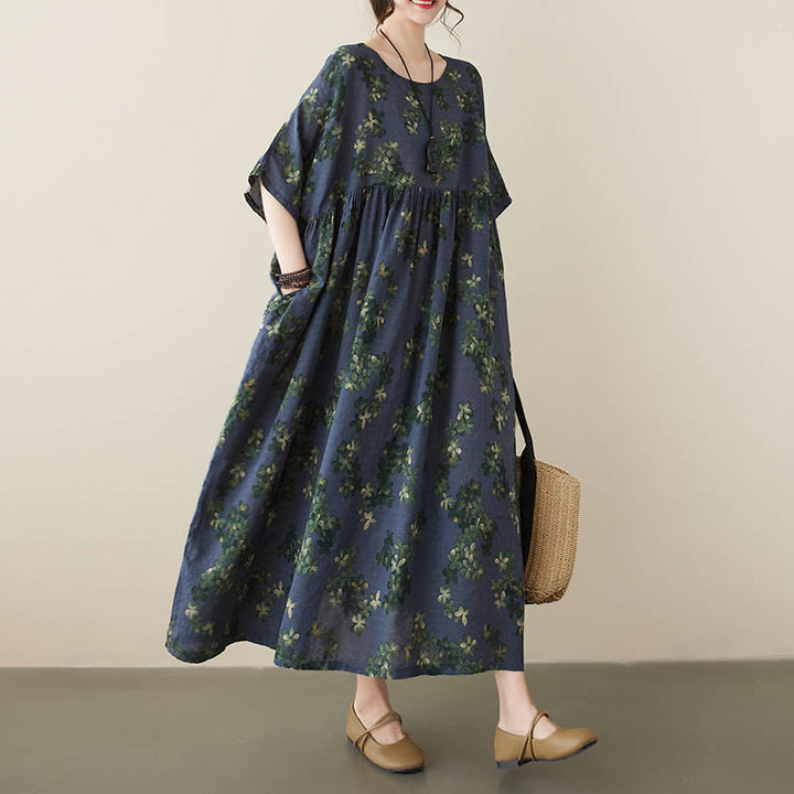 Buddha Stones Blau-Braune Blumen Midikleid aus Baumwolle, Halbarm-Tunikakleid mit Taschen - Blau (nur Kleid) - F (Brustumfang 142 cm / Saumweite 266 cm / Länge 120 cm) - image 0
