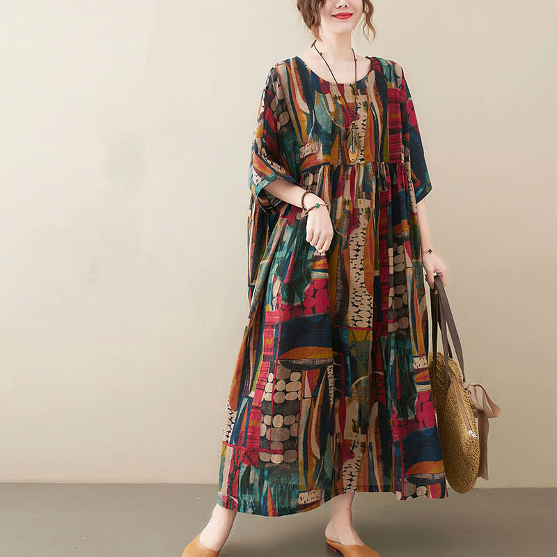 Buddha Stones – Midikleid mit bunten Grafiken, Baumwolle, halblange Ärmel, Tunikakleid mit Taschen - image 1