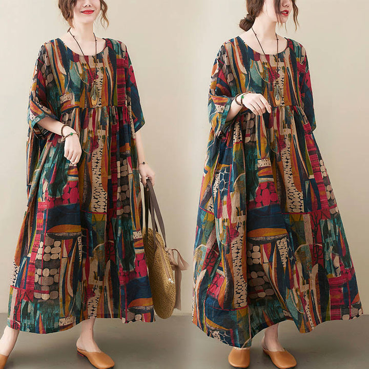 Buddha Stones – Midikleid mit bunten Grafiken, Baumwolle, halblange Ärmel, Tunikakleid mit Taschen - image 6