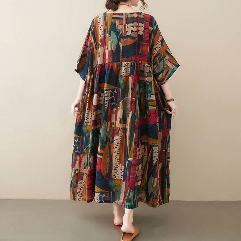 Buddha Stones – Midikleid mit bunten Grafiken, Baumwolle, halblange Ärmel, Tunikakleid mit Taschen - image 4