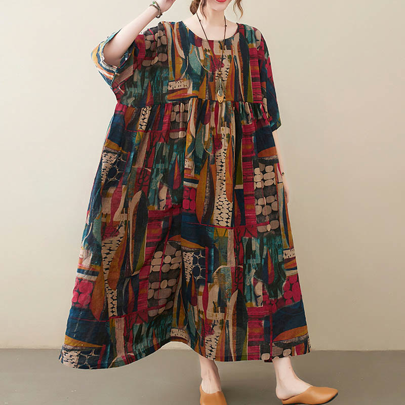 Buddha Stones – Midikleid mit bunten Grafiken, Baumwolle, halblange Ärmel, Tunikakleid mit Taschen - image 8