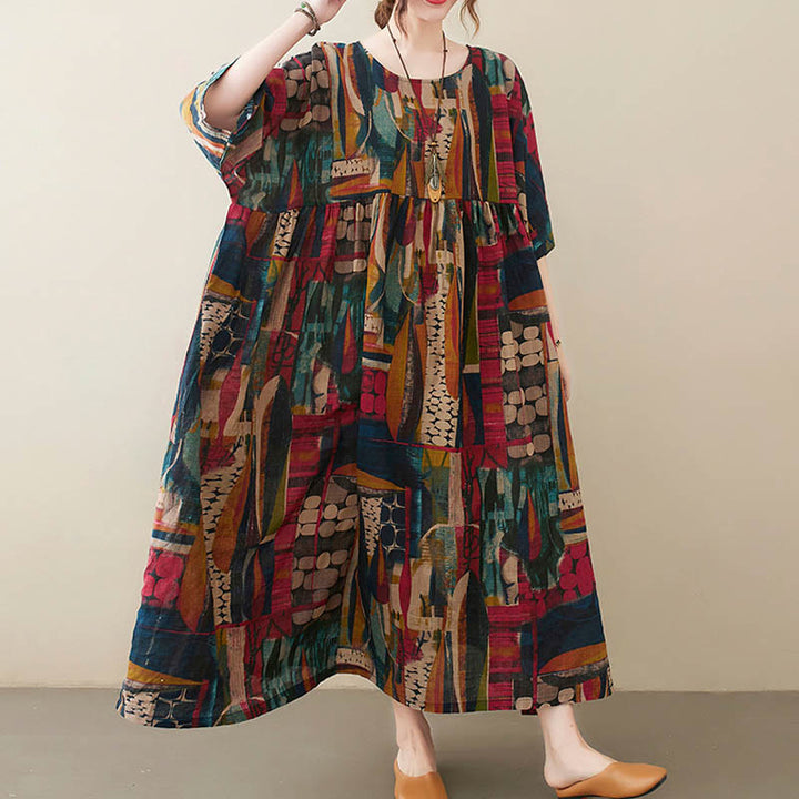 Buddha Stones – Midikleid mit bunten Grafiken, Baumwolle, halblange Ärmel, Tunikakleid mit Taschen - image 8