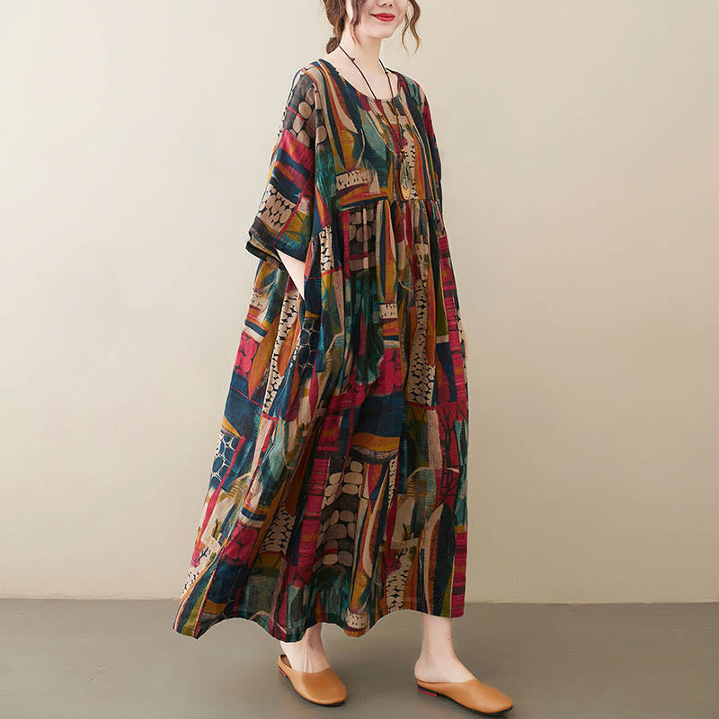 Buddha Stones – Midikleid mit bunten Grafiken, Baumwolle, halblange Ärmel, Tunikakleid mit Taschen - Farbe (nur Kleid) (Brustumfang 142 cm / Saumweite 130 cm / Länge 120 cm) - image 0
