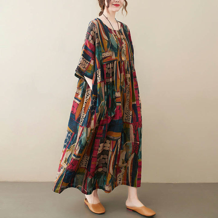 Buddha Stones – Midikleid mit bunten Grafiken, Baumwolle, halblange Ärmel, Tunikakleid mit Taschen - Farbe (nur Kleid) (Brustumfang 142 cm / Saumweite 130 cm / Länge 120 cm) - image 0