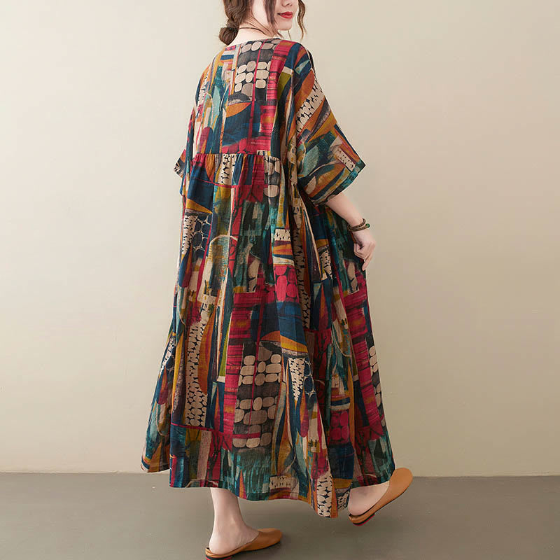 Buddha Stones – Midikleid mit bunten Grafiken, Baumwolle, halblange Ärmel, Tunikakleid mit Taschen - image 5