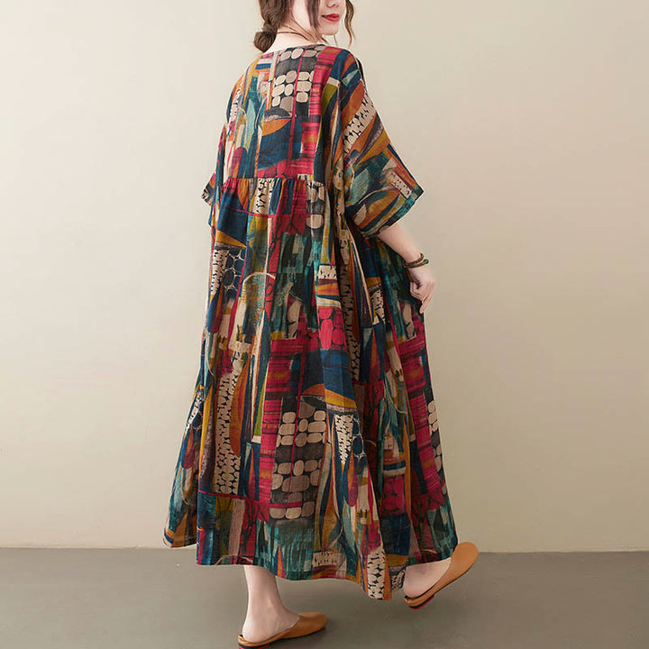 Buddha Stones – Midikleid mit bunten Grafiken, Baumwolle, halblange Ärmel, Tunikakleid mit Taschen - image 5