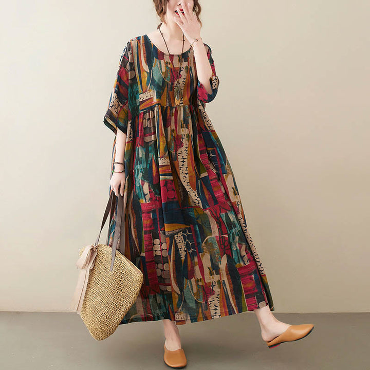 Buddha Stones – Midikleid mit bunten Grafiken, Baumwolle, halblange Ärmel, Tunikakleid mit Taschen - image 7