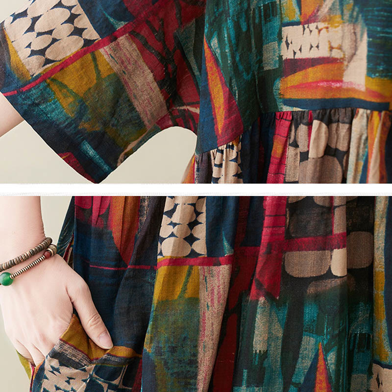 Buddha Stones – Midikleid mit bunten Grafiken, Baumwolle, halblange Ärmel, Tunikakleid mit Taschen - image 10