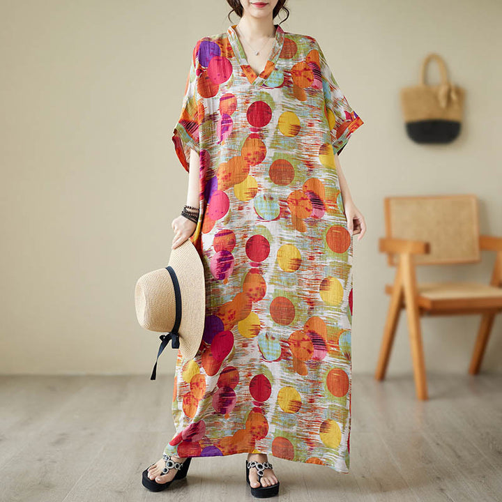 Buddha Stones Orange Blau Bunte Polka Dots Midikleid Baumwolle Halbarmkleid mit Taschen - Orange (nur Kleid) - F (Brustumfang 158 cm / Saumweite 158 cm / Länge 133 cm) - image 9