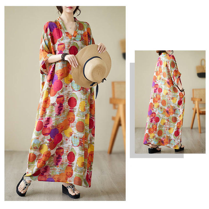 Buddha Stones Orange Blau Bunte Polka Dots Midikleid Baumwolle Halbarmkleid mit Taschen - image 13