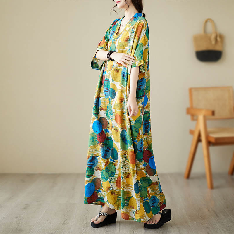 Buddha Stones Orange Blau Bunte Polka Dots Midikleid Baumwolle Halbarmkleid mit Taschen - image 1