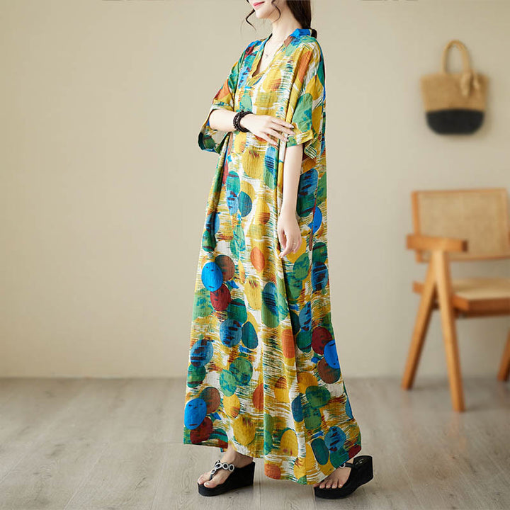 Buddha Stones Orange Blau Bunte Polka Dots Midikleid Baumwolle Halbarmkleid mit Taschen - image 1