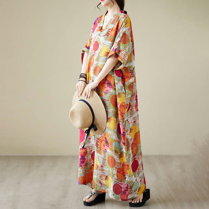 Buddha Stones Orange Blau Bunte Polka Dots Midikleid Baumwolle Halbarmkleid mit Taschen - image 11