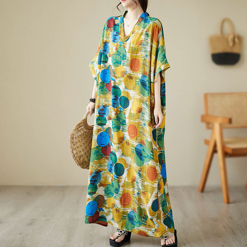Buddha Stones Orange Blau Bunte Polka Dots Midikleid Baumwolle Halbarmkleid mit Taschen - image 2