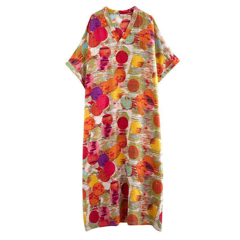 Buddha Stones Orange Blau Bunte Polka Dots Midikleid Baumwolle Halbarmkleid mit Taschen - image 14