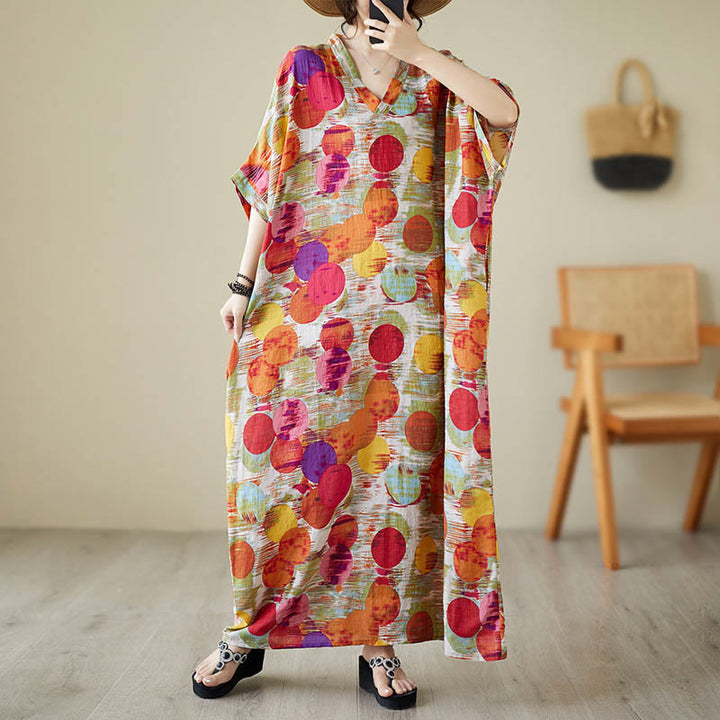 Buddha Stones Orange Blau Bunte Polka Dots Midikleid Baumwolle Halbarmkleid mit Taschen - image 12
